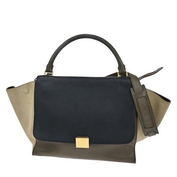 CELINE Trapeze Tricolor 2way Shoulder Hand Bag Leather Suede Khaki Beige - Picture 1 of 16